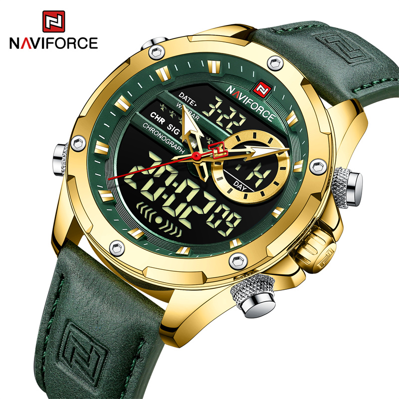 Luxury Watch Mockup - Naviforce-男性用デジタルムーブメント付き腕時計,カウントダウンアラーム付き男性用LEDディスプレイ,高級レザーストラップ