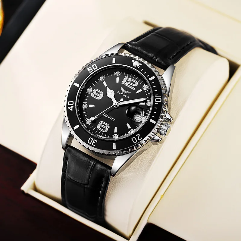 Luxury Watch Omega - ファッションレザーストラップメンズビジネスウォッチカジュアルカレンダーメンズクォーツ時計男性時計レロジオマスキュリーノ（箱なし）