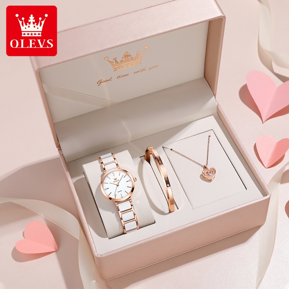 Luxury Watch Gift Box - OLEVSレディース腕時計5877高級エレガントクォーツ腕時計防水夜光セラミックストラップレディース腕時計ブレスレットセットギフトボックス時計