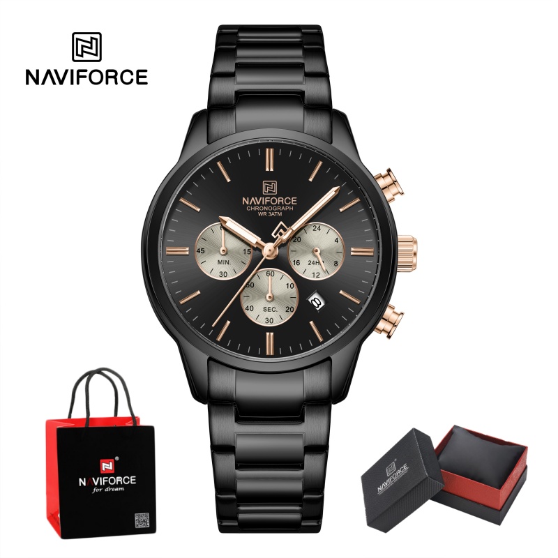 Luxury Watch Gift Box - NAVIFORCE メンズクォーツクロノグラフウォッチ 防水 日付表示 スチールストラップ 男性用