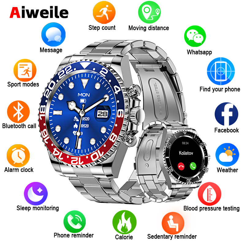 Luxury Watch Korea - コネクテッドウォッチ,ハイエンド,高級,男性用,Android,iOS,スチール接続レプリカ,計算機,目覚まし時計,Bluetooth,軍用,aw12