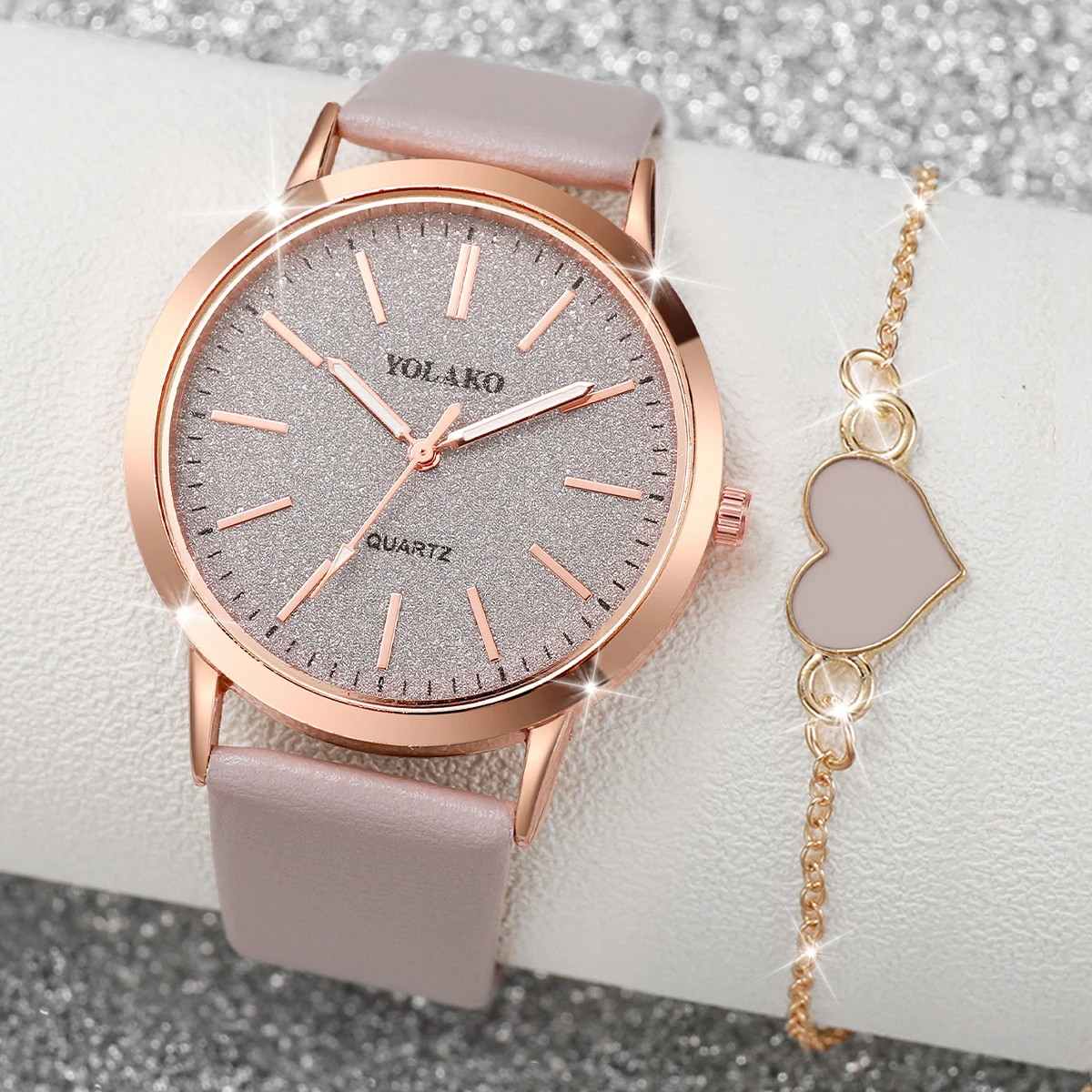 Open Heart Watch - 2 ピース/セットファッション女性用腕時計カジュアルレザーストラップレディースクォーツ腕時計ハートブレスレットセットリロイムジェール (箱なし)