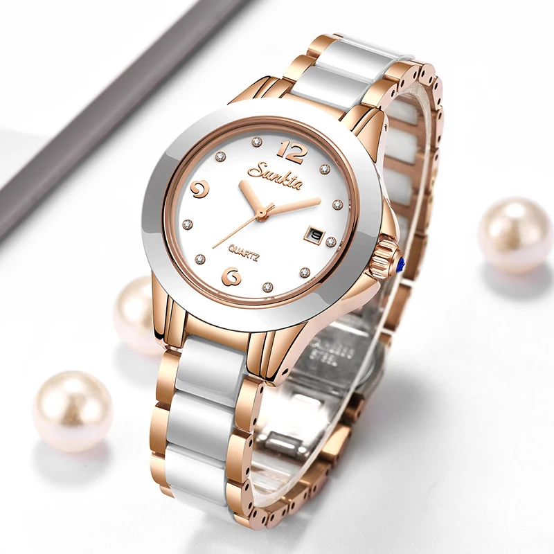 Luxury Watch & Jewellery Recensioni - Sunkta ファッションカジュアルクォーツ女性腕時計エレガントな高級セラミックダイヤモンドカレンダー防水レディース女性用腕時計モントレファム