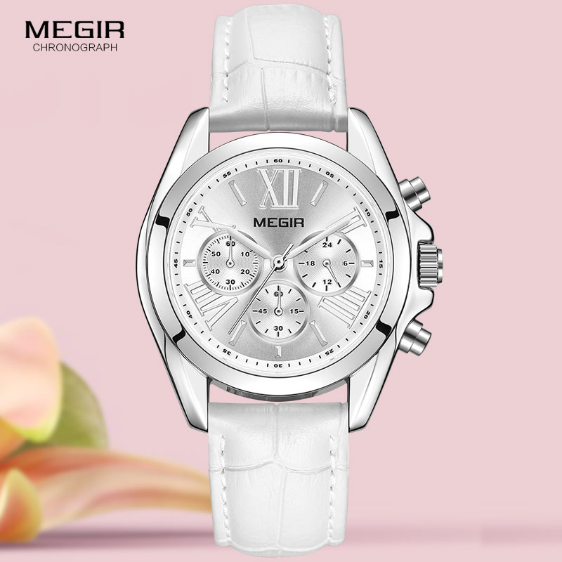 Luxury Watch For Girls - Megir2019-レディースレザーウォッチ,クロノグラフ付きクォーツ腕時計,ラグジュアリー,ホワイト,ニューコレクション2114