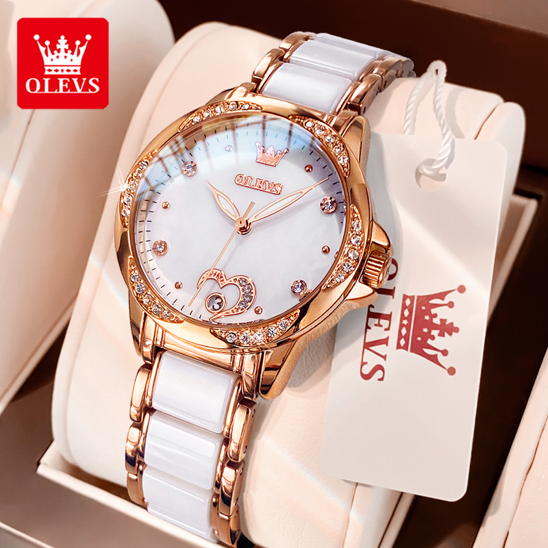 Open Heart Watch - OLEVS 6631 自動機械式女性用腕時計ファッションラブハートエレガントなセラミックストラップダイヤモンドベゼル防水レディース腕時計