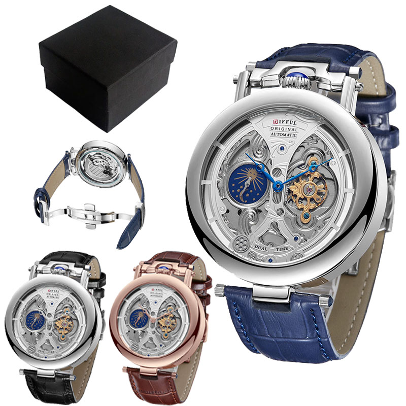 Open Heart Watch - 高級大型スケルトン文字盤ムーンフェイズトゥールビヨン中空機械式メンズ腕時計レザーバンド付き