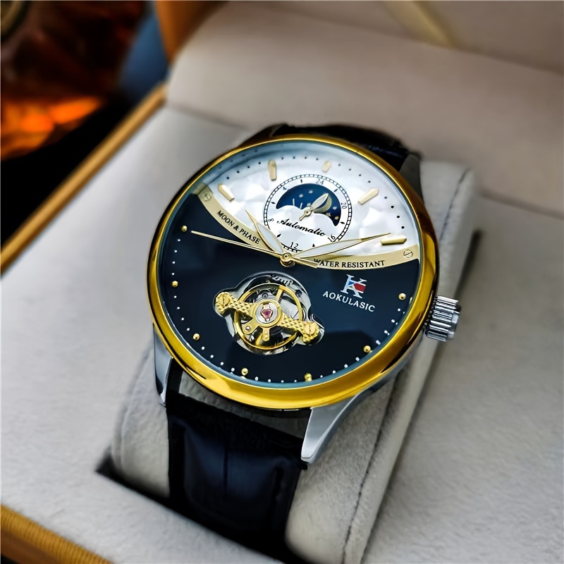 Luxury Watch Korea - 豪華でスタイリッシュなメンズ機械式時計、ラウンドダイヤル、自動巻き、レザーストラップ、ファッショナブルなアクセサリー、ヨーロッパ、アメリカ、日本、韓国スタイル、ビジネスやカジュアルな場面に最適、彼への最高の贈り物。