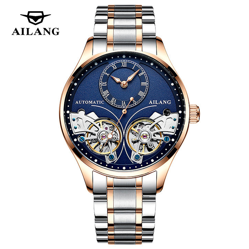 Automatic Pilot Watch - AILANG 真新しいファッションダブルトゥールビヨン腕時計男性用高級ステンレス鋼防水自動機械式時計メンズ