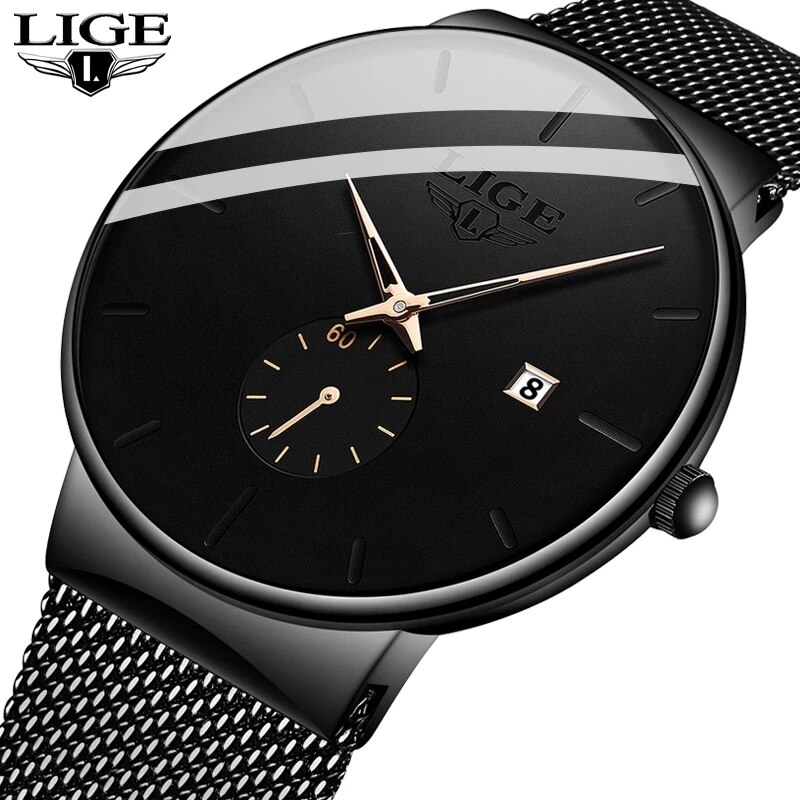 Luxury Watch Mockup - Ligeファッションメンズ腕時計トップブランド高級クォーツ時計メンズカジュアルスリムメッシュスチール防水スポーツウォッチ
