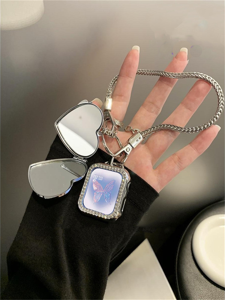 Luxury Watch Korea - ラブミラーペンダントストラップとアップルウォッチ用ラインストーンケース、シルバーボーン、韓国ギフト、46mm、42mm、49mm、41mm、45mm、44バンド、0、9 8 se