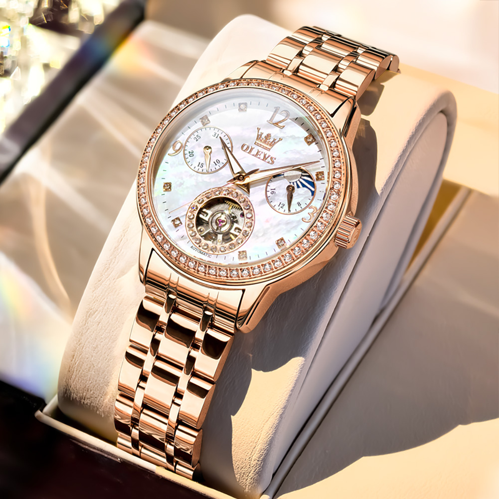 Luxury Watch Gift Box - OLEVS 女性用腕時計トップブランドの高級ファッションファインスチールオリジナル自動機械式腕時計ネックレスブレスレットギフトボックス