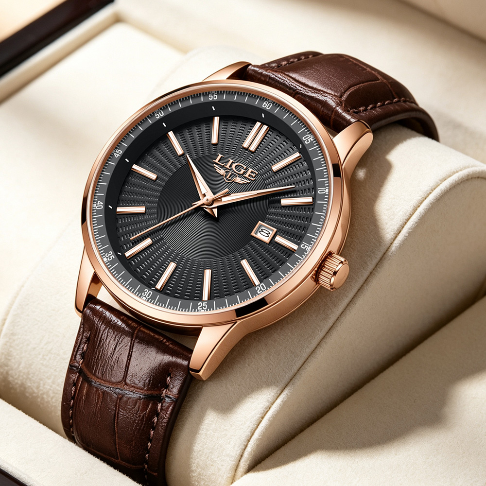 Luxury Watch Mockup - LIGEトップブランド高級メンズ腕時計 ビジネスレザー クォーツ腕時計 防水 夜光 自動日付表示