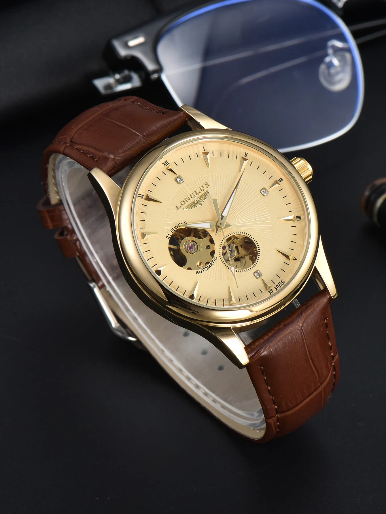 Open Heart Watch - ロンラックス自動巻き腕時計 エレガントスタイル 卸売 機械式腕時計 スケルトン ローマ数字